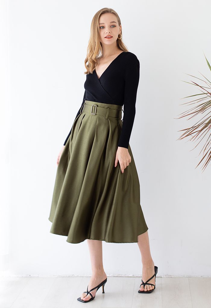 Belted Texture Flare Maxi Skirt in Moss Green