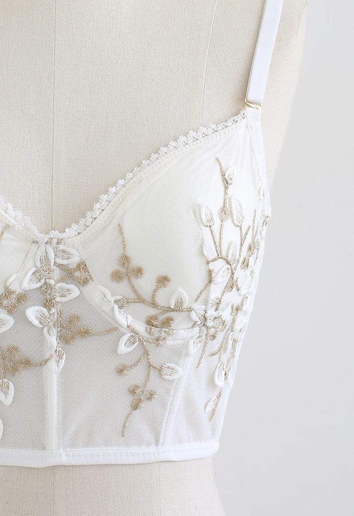 Branch Embroidered Mesh Bra Top in White - Retro, Indie and Unique