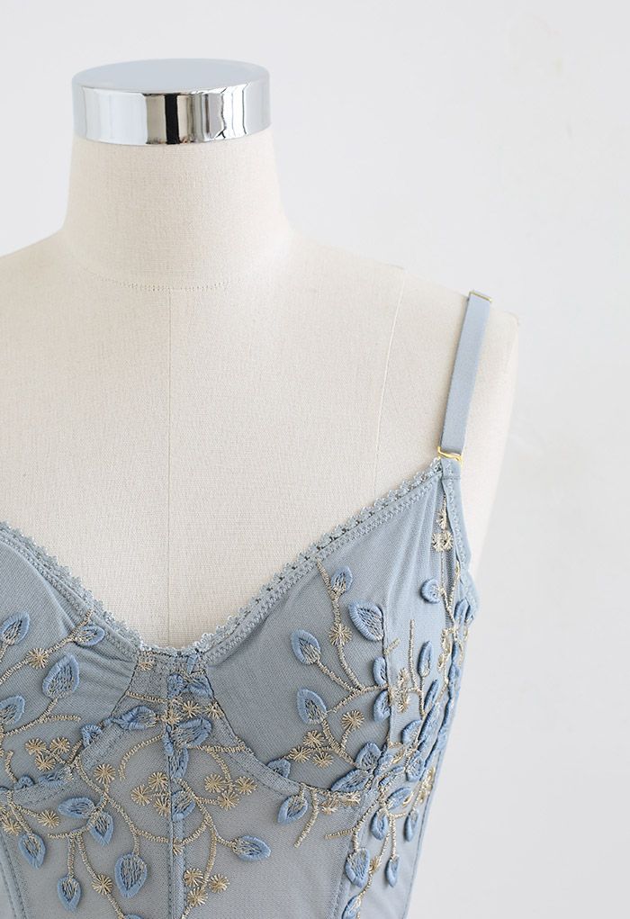 Branch Embroidered Mesh Bra Top in Dusty Blue