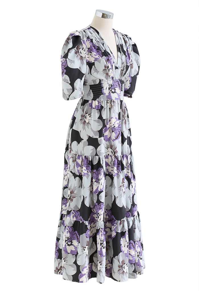 Blooming Pansy Puff Sleeve Frilling Dress