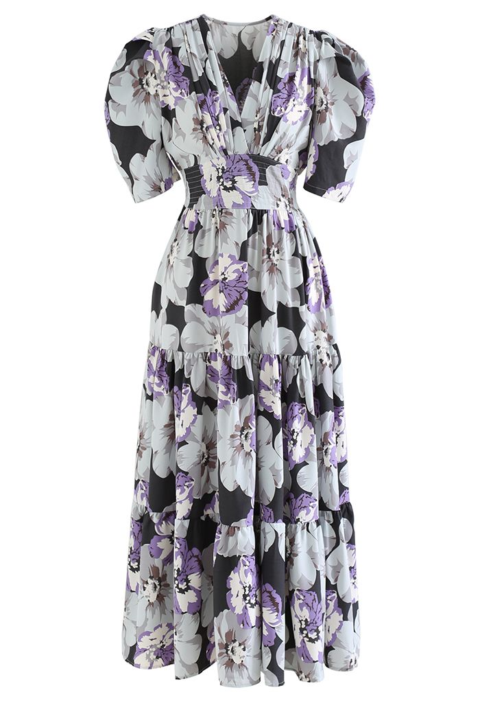 Blooming Pansy Puff Sleeve Frilling Dress