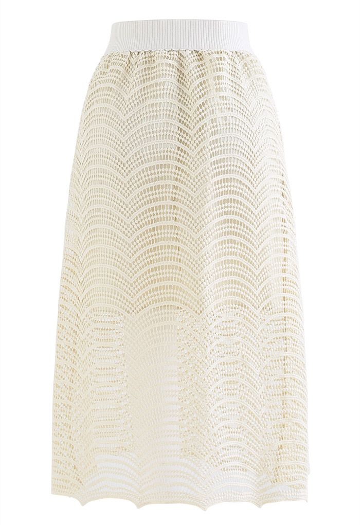 Ripple Crochet High Waist Midi Skirt in Cream