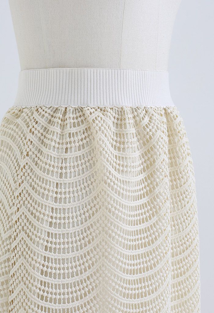 Ripple Crochet High Waist Midi Skirt in Cream