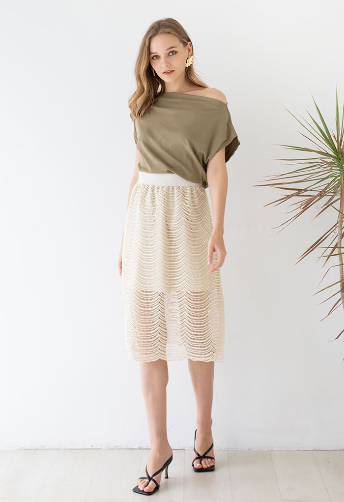 Ripple Crochet High Waist Midi Skirt in Cream