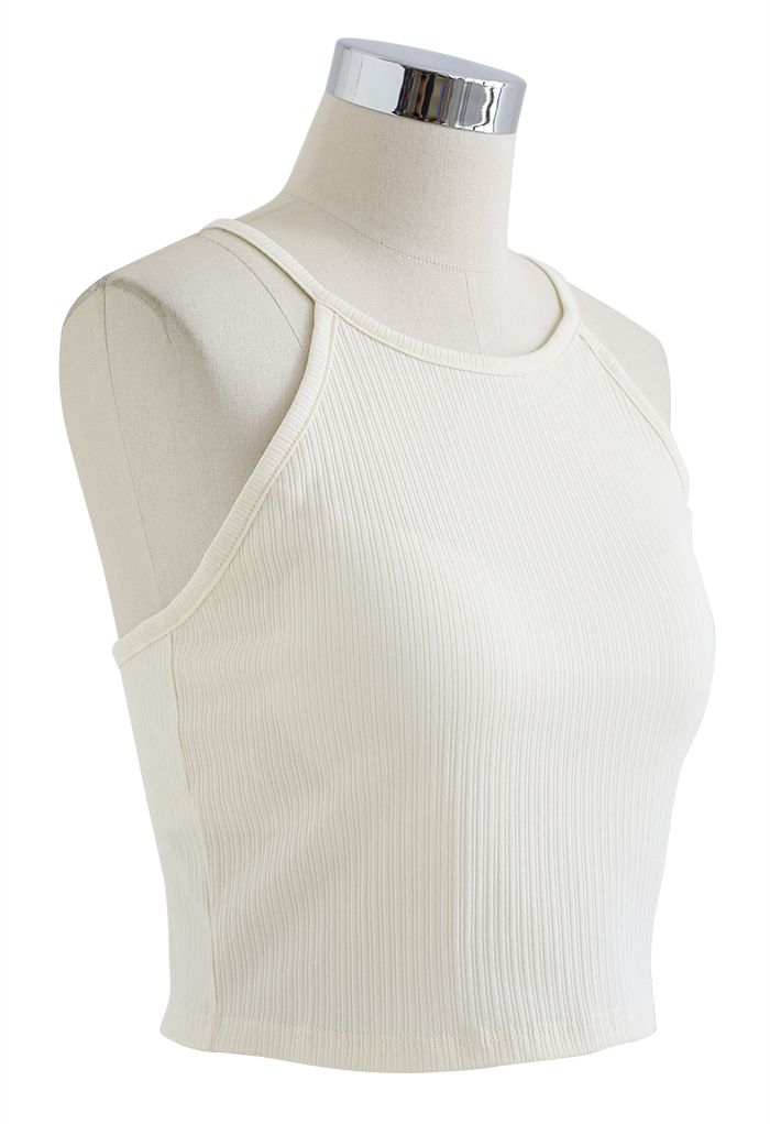 Halter Neck Racer Back Ribbed Top in Cream