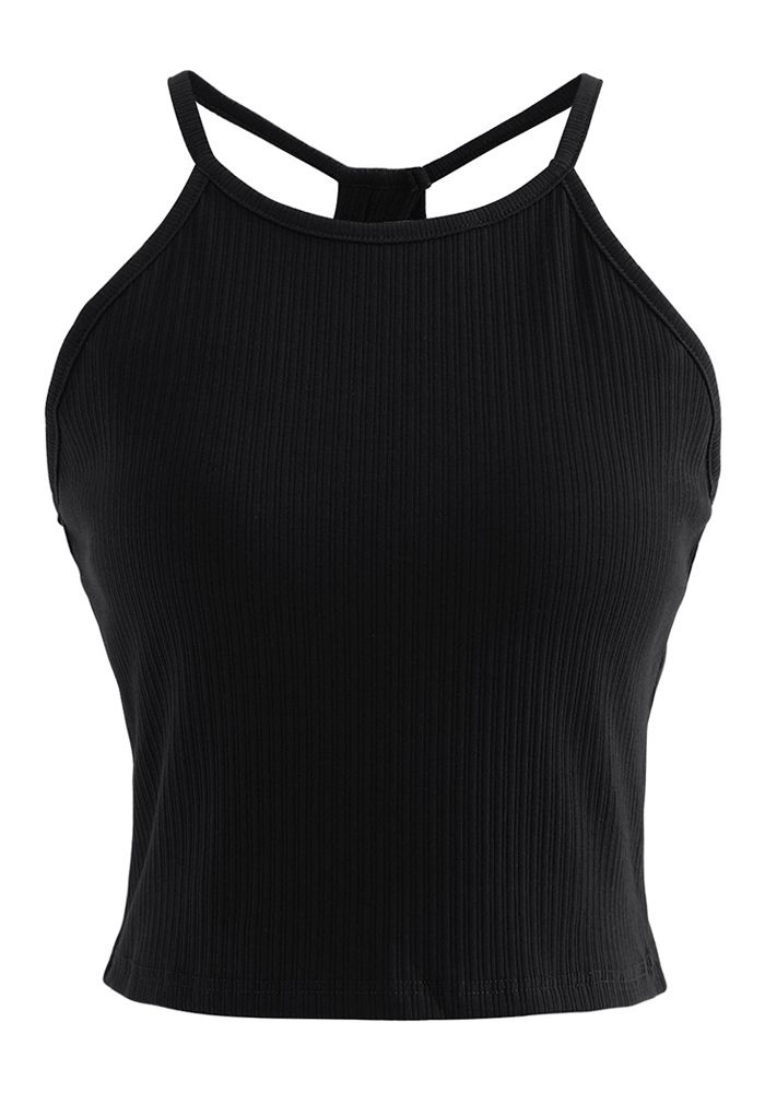 Halter Neck Racer Back Ribbed Top in Black