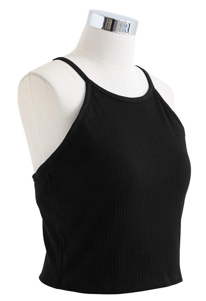 Halter Neck Racer Back Ribbed Top in Black