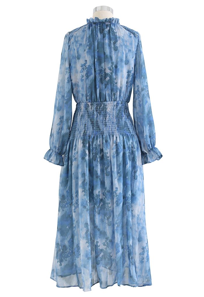 Blue Watercolor Printed V-Neck Midi Dress - Retro, Indie and Unique Fashion