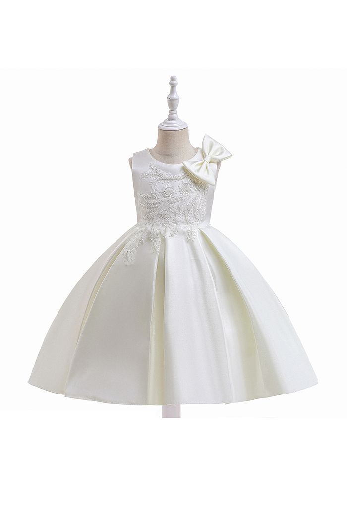 Beaded Flower Side Bowknot Princess Dress in White For Kids