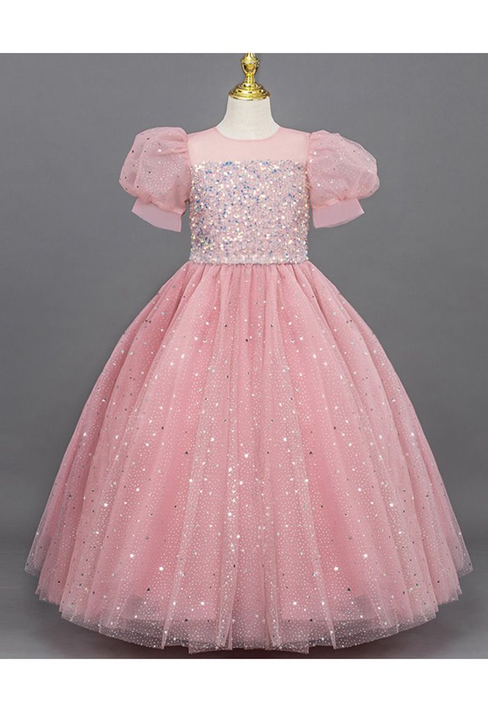 Glitter Sequin Tulle Dress in Pink For Kids