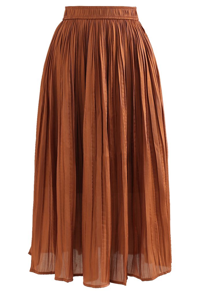 Glimmer Pleated Elastic Waist Midi Skirt in Caramel