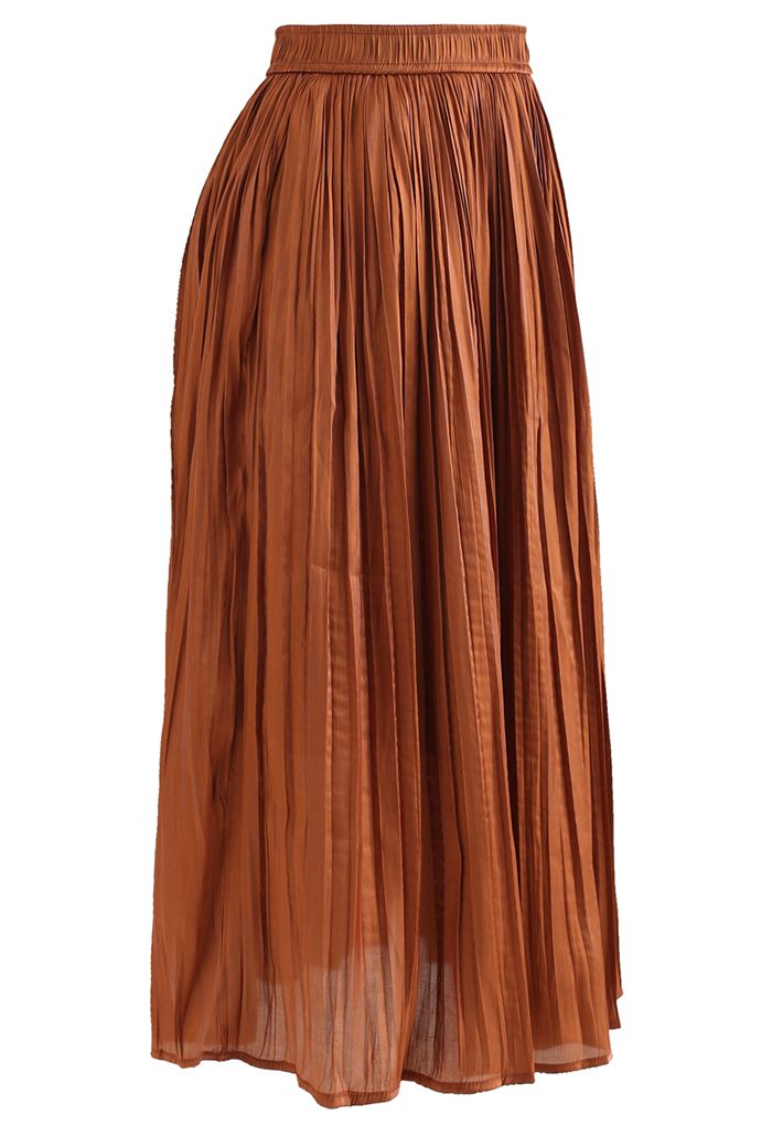 Glimmer Pleated Elastic Waist Midi Skirt in Caramel