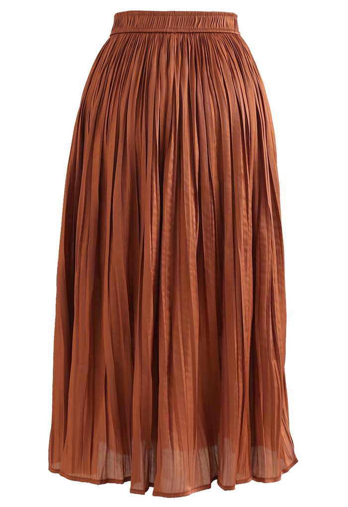 Glimmer Pleated Elastic Waist Midi Skirt in Caramel