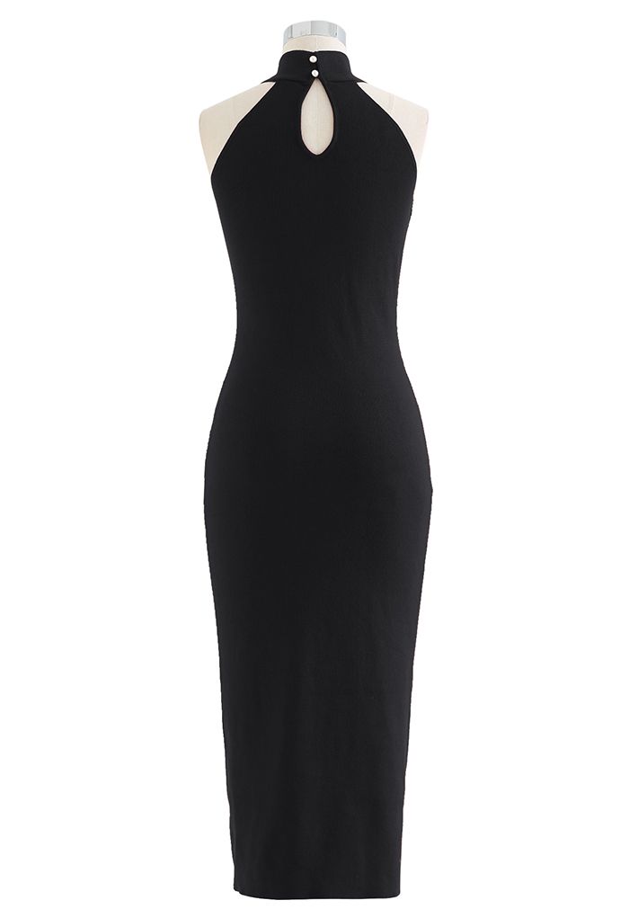 Crisscross Halter Neck Bodycon Knit Dress in Black