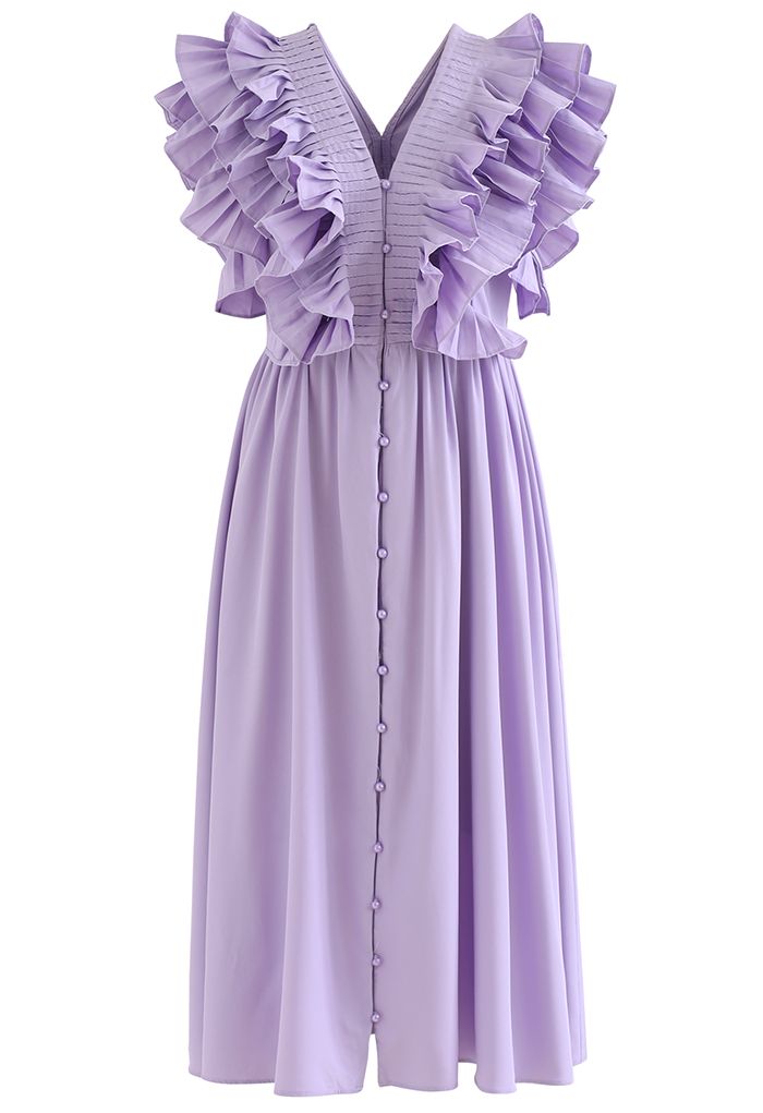 Pleated Ruffle Buttoned Deep V-Neck Dress in Lilac