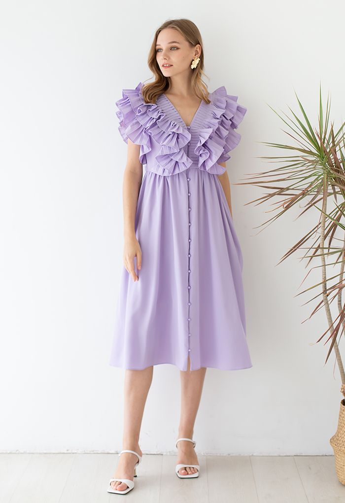 Pleated Ruffle Buttoned Deep V Neck Dress in Lilac