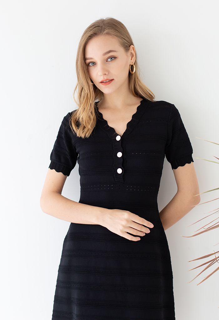 Scalloped V-Neck Eyelet Knit Dress in Black