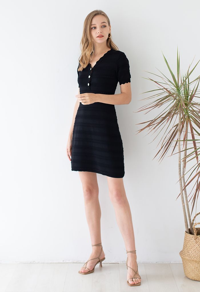 Scalloped V-Neck Eyelet Knit Dress in Black