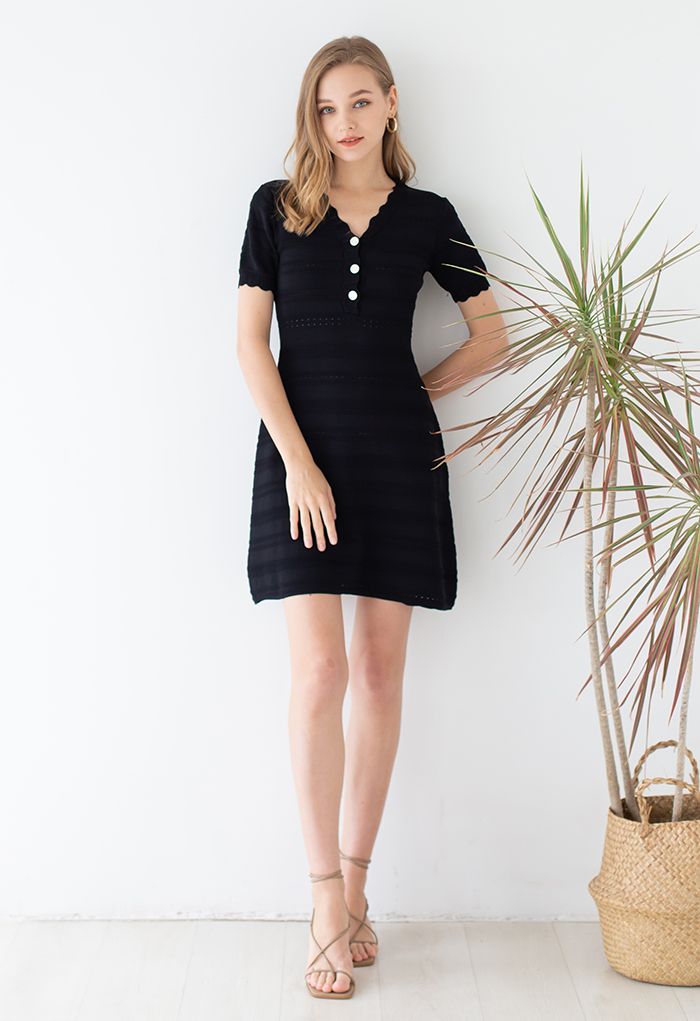 Scalloped V-Neck Eyelet Knit Dress in Black