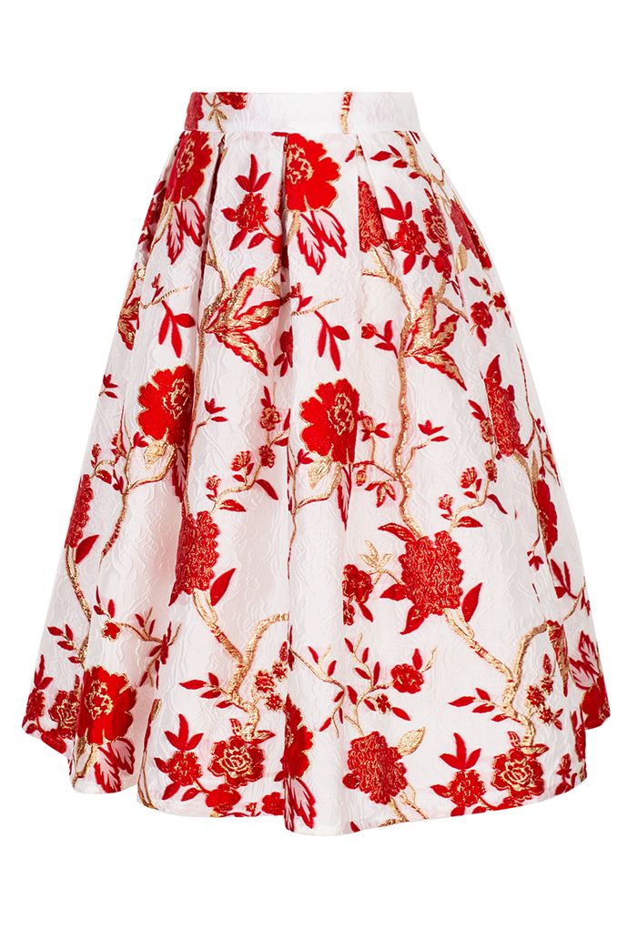 In Bloom Red Floral Jacquard Pleated Skirt - Retro, Indie and Unique ...