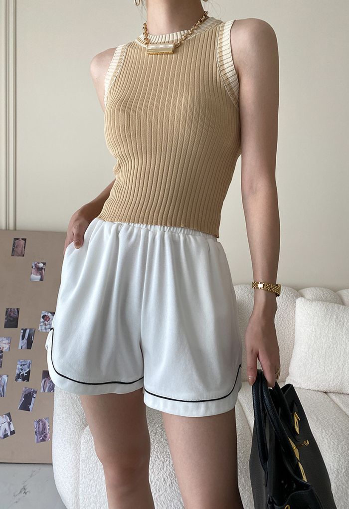 Two-Tone Ribbed Knit Tank Top in Camel