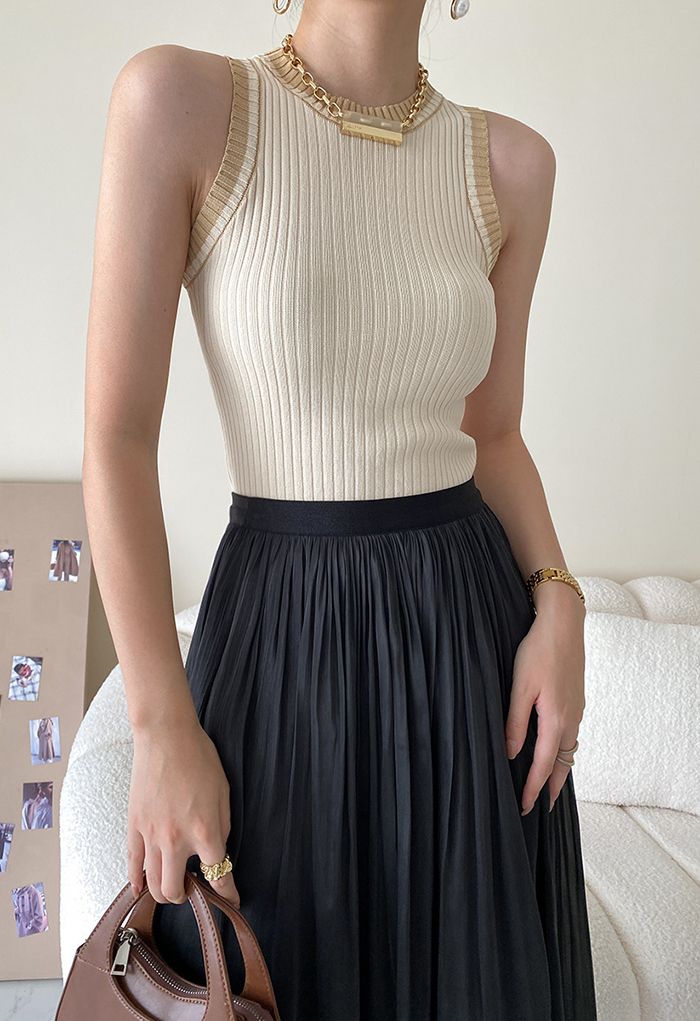 Two-Tone Ribbed Knit Tank Top in Sand