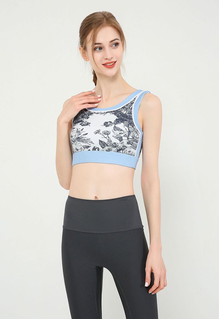 Black Sketch Cutout Back Sports Bra in Baby Blue