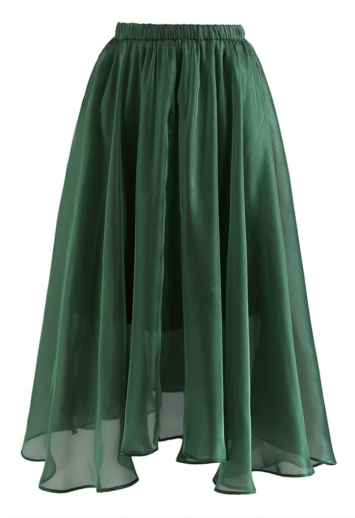 Flowy Organza Flare Midi Skirt in Green