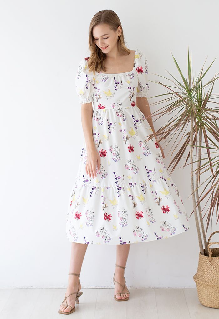 Floral Shirred Square Neck Midi Dress