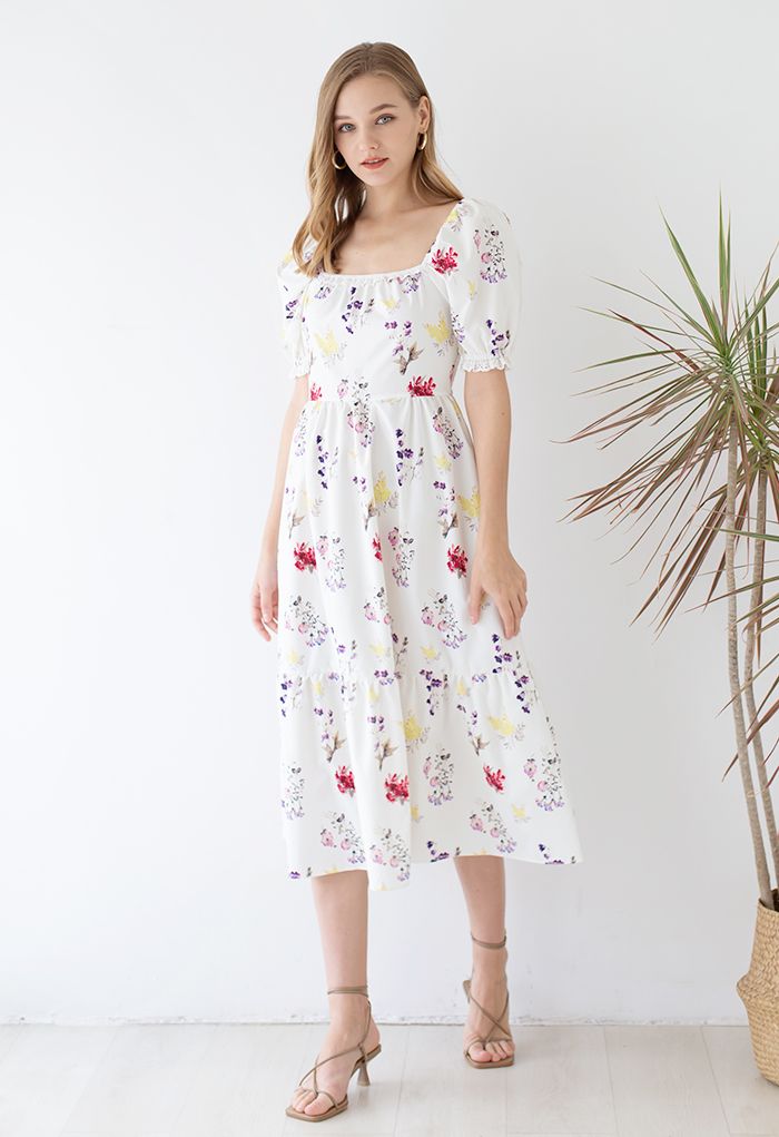 Floral Shirred Square Neck Midi Dress