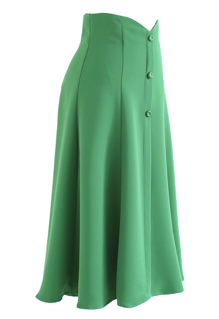 Buttons Trim High Waist Flare Midi Skirt in Green