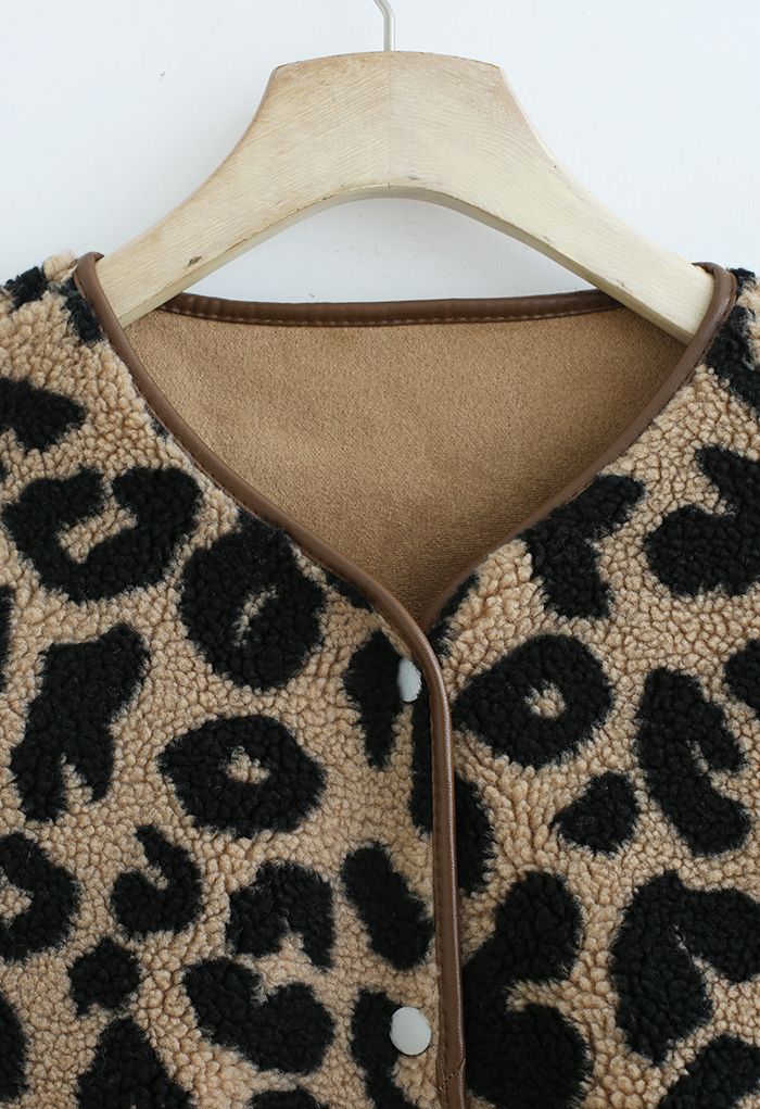 Leopard Faux Fur Collarless Suede Coat