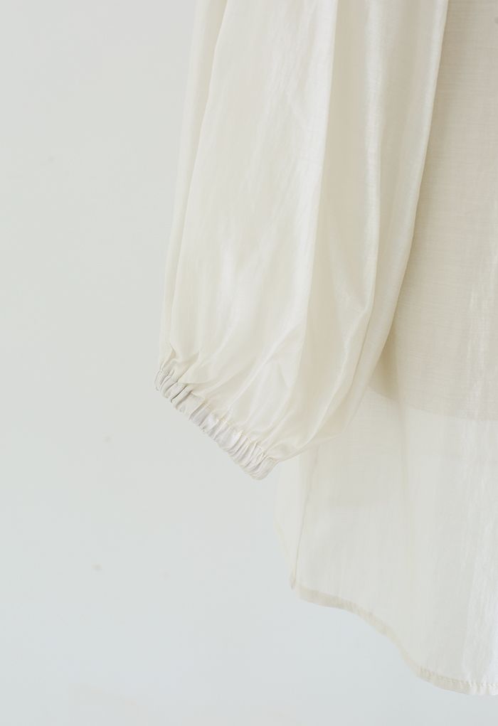 Semi-Sheer Puff Sleeve Longline Shirt in Ivory