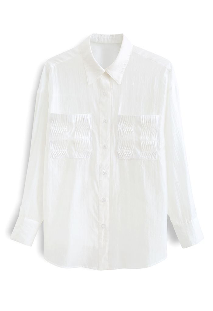 Pintuck Pocket Semi-Sheer Shirt in White