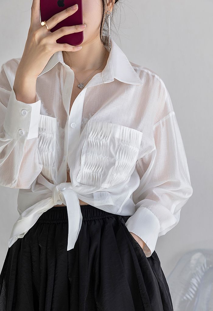 Pintuck Pocket Semi-Sheer Shirt in White