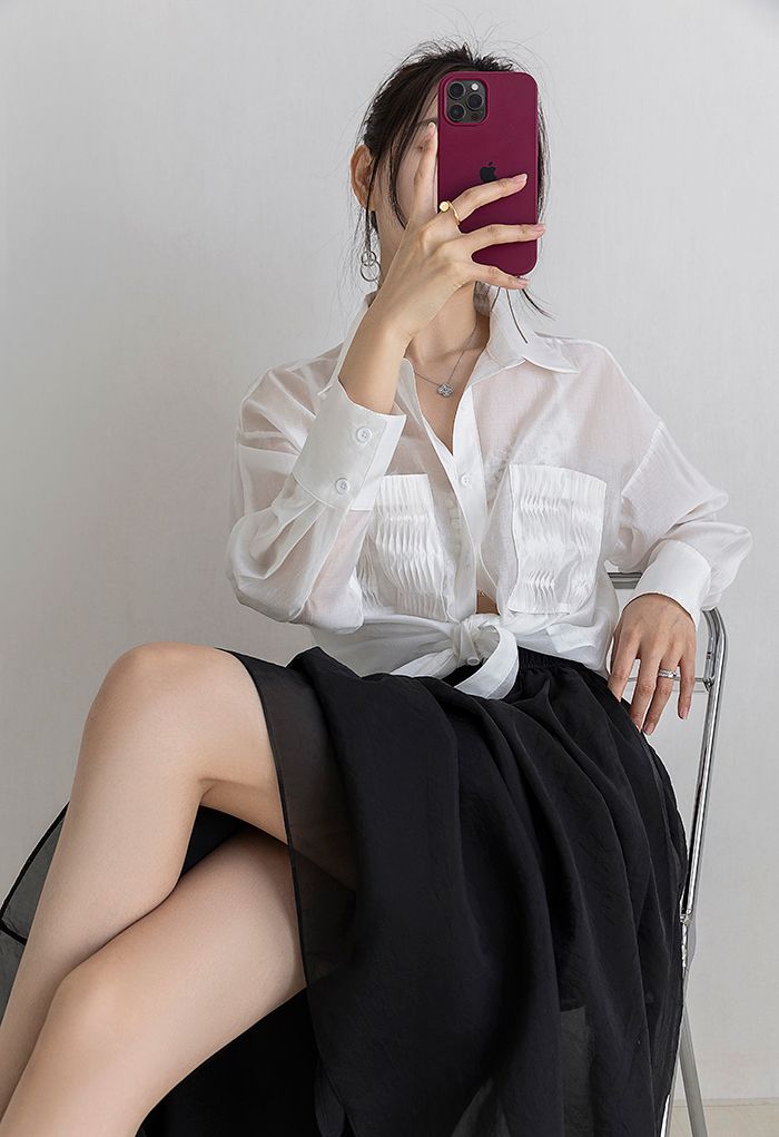 Pintuck Pocket Semi-Sheer Shirt in White