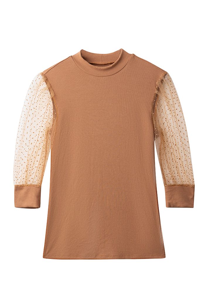 Flock Dots Elbow Sleeves Ribbed Top in Caramel