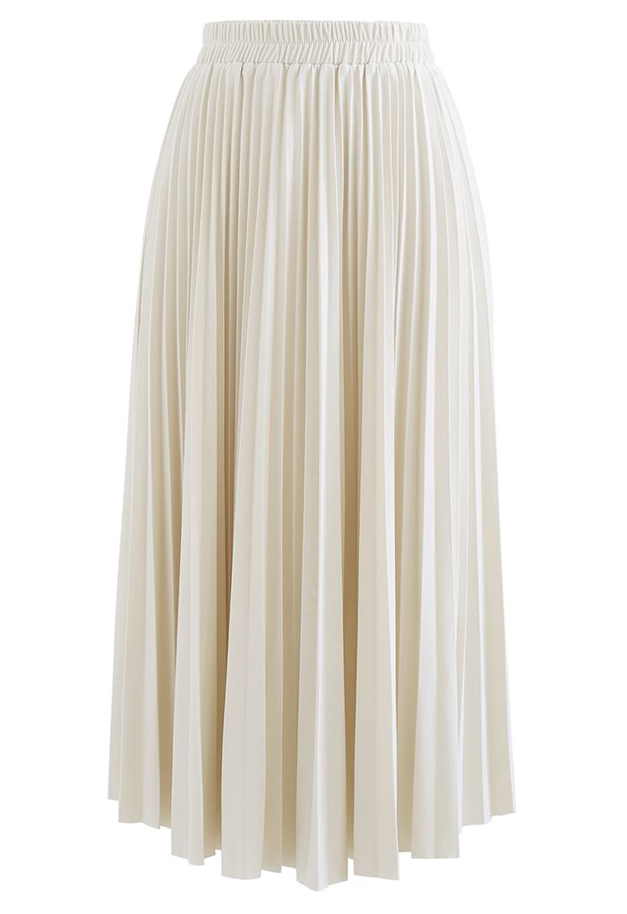 Sunray Pleated Solid Color Midi Skirt in Cream - Retro, Indie and ...