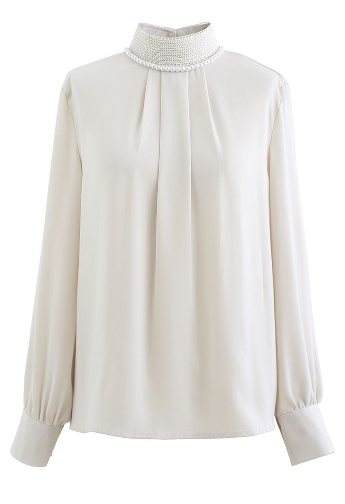 Necklace Mock Neck Satin Shirt in Ivory - Retro, Indie and Unique Fashion