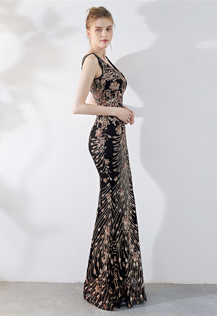 Floral Vine Sequined Mesh Mermaid Gown in Gold