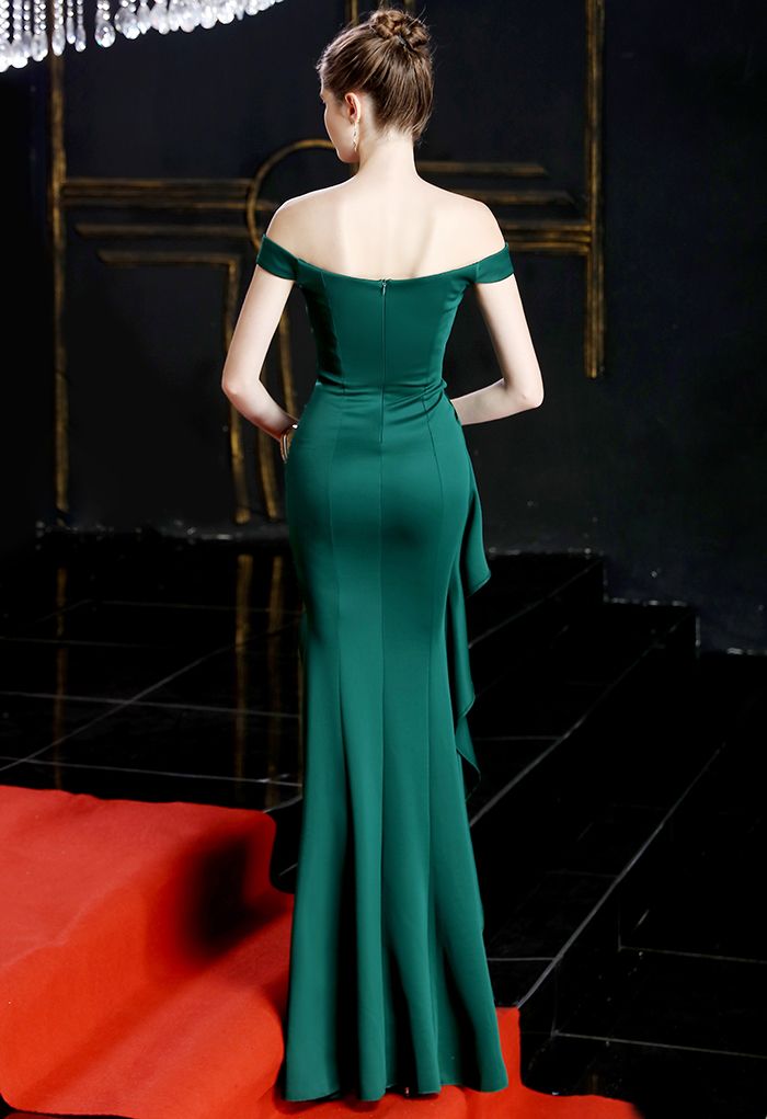 Off-Shoulder Cascade Ruffle Split Satin Gown in Emerald