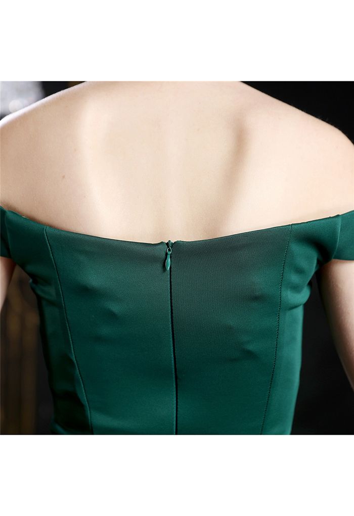 Off-Shoulder Cascade Ruffle Split Satin Gown in Emerald