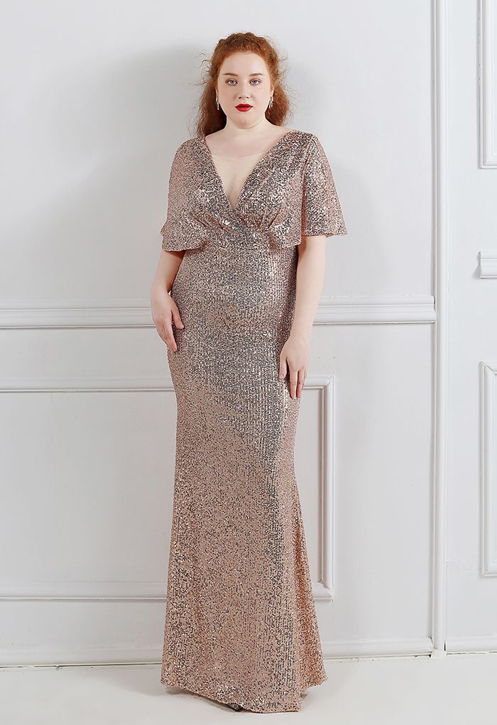 Cape Sleeve Mesh Inserted Sequined Gown in Champagne