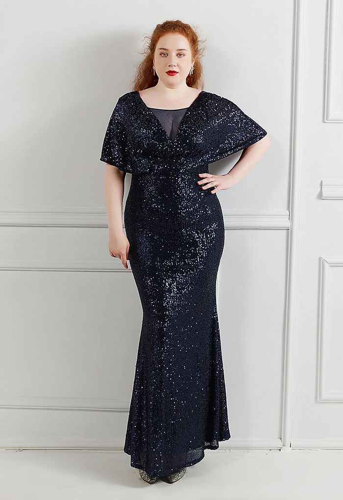 Cape Sleeve Mesh Inserted Sequined Gown in Navy