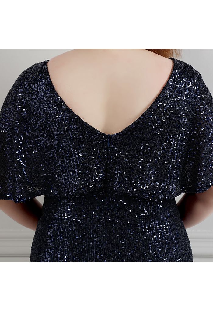 Cape Sleeve Mesh Inserted Sequined Gown in Navy