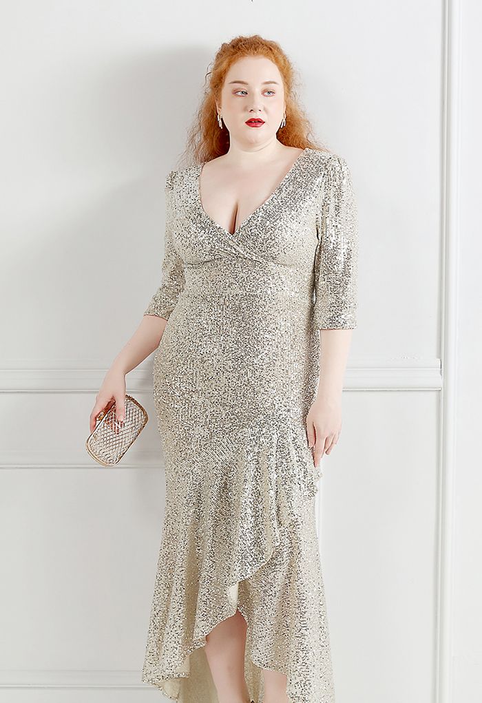 Elbow Sleeve Ruffle Sequined Gown in Silver