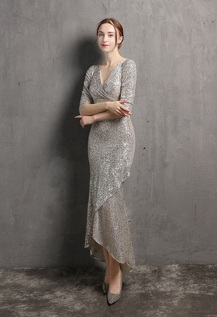 Elbow Sleeve Ruffle Sequined Gown in Silver