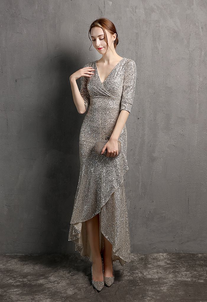 Elbow Sleeve Ruffle Sequined Gown in Silver