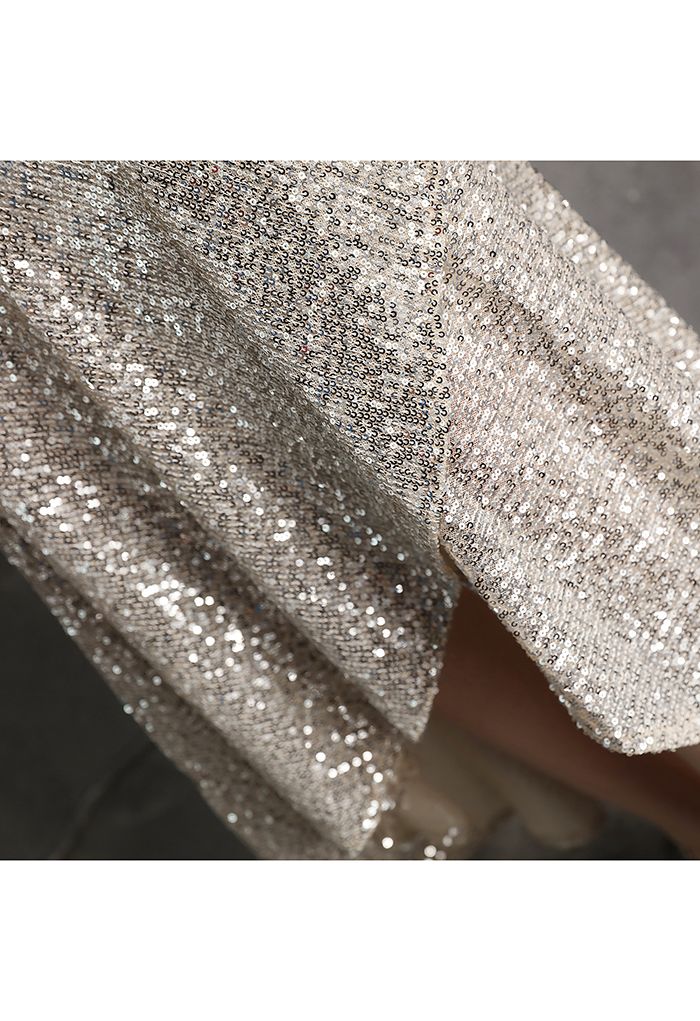 Elbow Sleeve Ruffle Sequined Gown in Silver