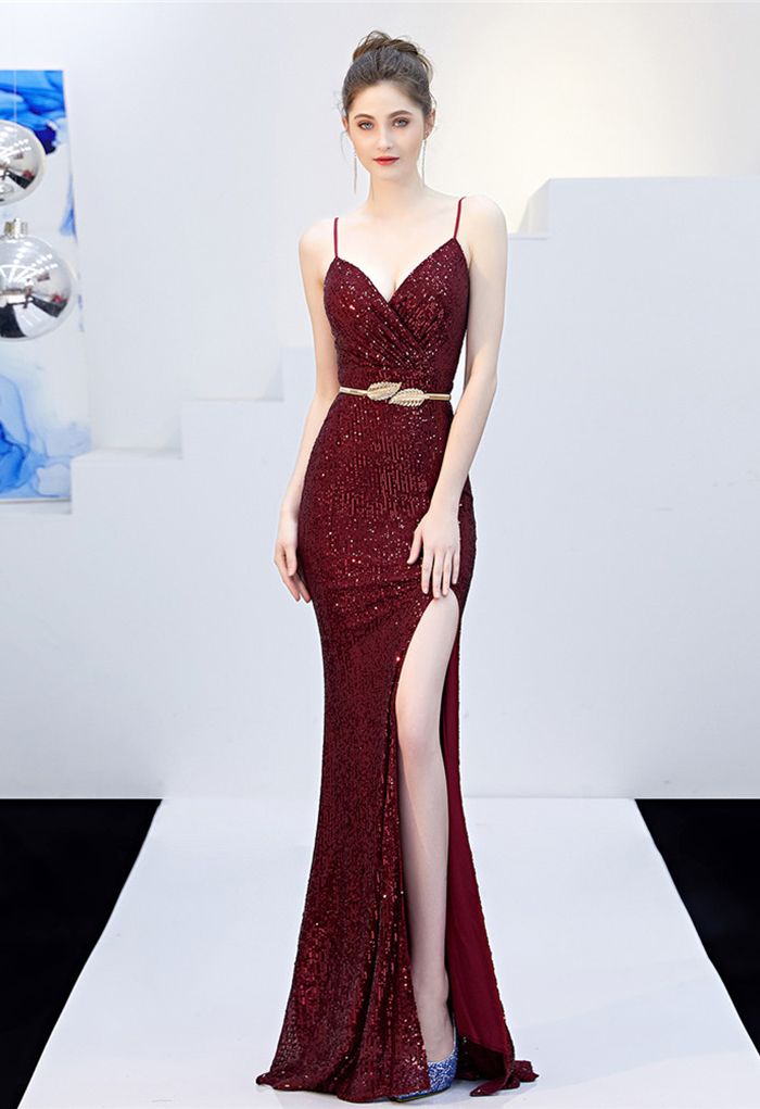 Split Side Sequined Wrap Cami Gown in Burgundy